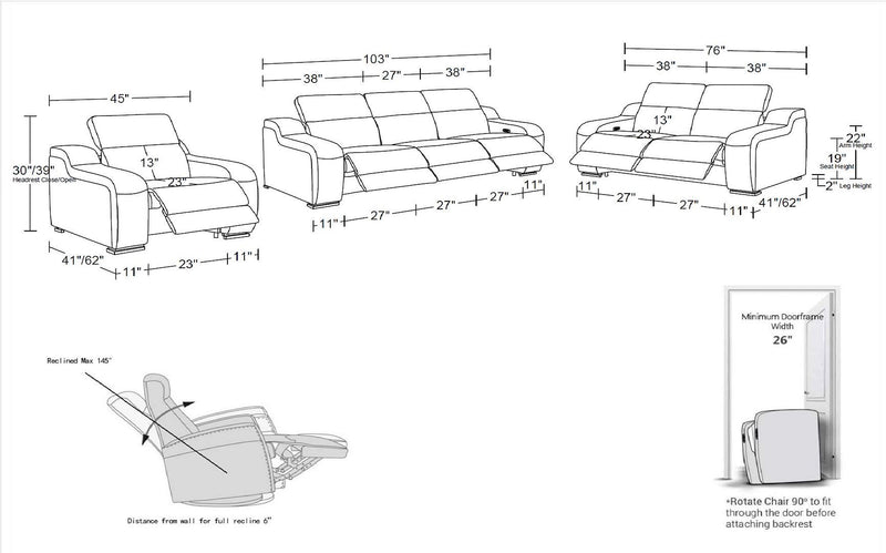 1116 - 6-Piece Modular Power Reclining Sofa, Loveseat & Chair Set In With 6 Power Recliners & Power Headrests