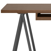 Handcrafted solid wood sawhorse desk by Simpli-Home, featuring a sturdy writing desk with a natural wood finish.