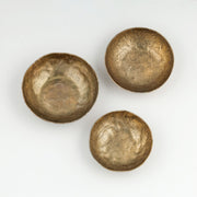Set of three Shah hammered iron catchall round bowls in antique brass by TOV Furniture, ideal for serving or decorative use.