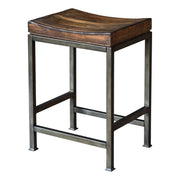 Uttermost Beck industrial counter height bar stool with metal frame and wooden seat, 24-27 inches tall for modern kitchen or bar area.