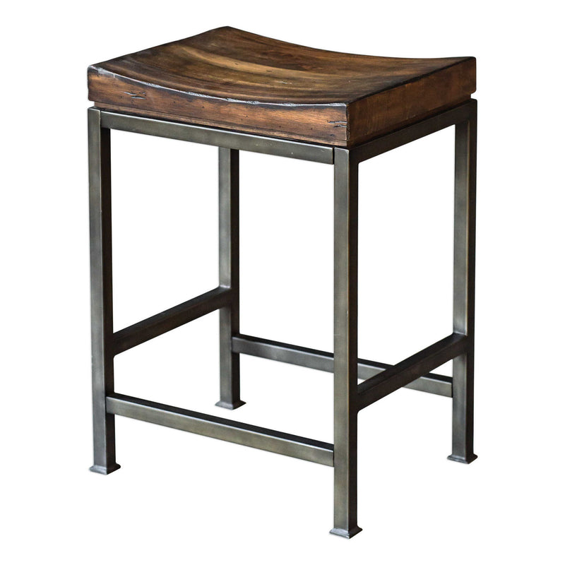 Uttermost Beck industrial counter height bar stool with metal frame and wooden seat, 24-27 inches tall for modern kitchen or bar area.
