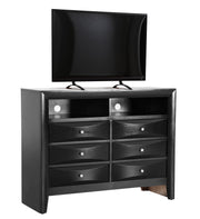 Glory Furniture Marilla media chest with two drawers and open shelving, made of dark wood, perfect for TV and media storage.