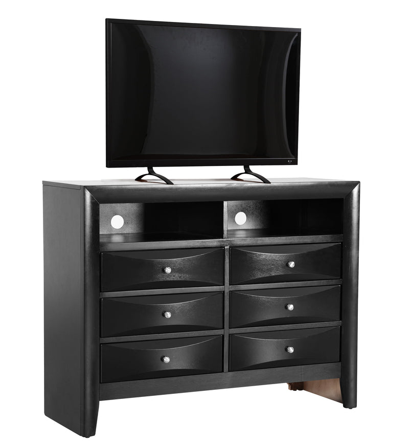 Glory Furniture Marilla media chest with two drawers and open shelving, made of dark wood, perfect for TV and media storage.