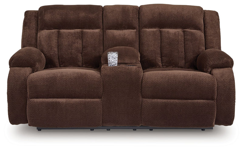 Free Wake - Double Relcining Power Loveseat With Console - Chocolate - R&R Furniture Gallery (Fountain Valley, CA)