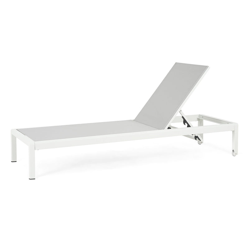 Noble House outdoor patio chaise lounge with five reclining positions, featuring a cushioned seat and sturdy frame for outdoor relaxation.