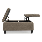 Brown Harrison Square Coffee Table Ottoman by Simpli-Home with a wooden top and padded sides, versatile for living room decor.