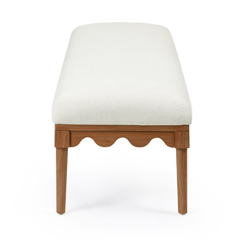 Vegan mohair upholstered bench with walnut wood legs by TOV Furniture, modern design, plush fabric, and sturdy wooden base.