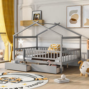 DreamHaus house bed with built-in storage drawers, featuring a cozy house-shaped design and two spacious drawers for extra storage.