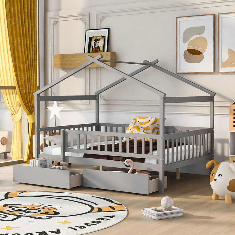 DreamHaus house bed with built-in storage drawers, featuring a cozy house-shaped design and two spacious drawers for extra storage.