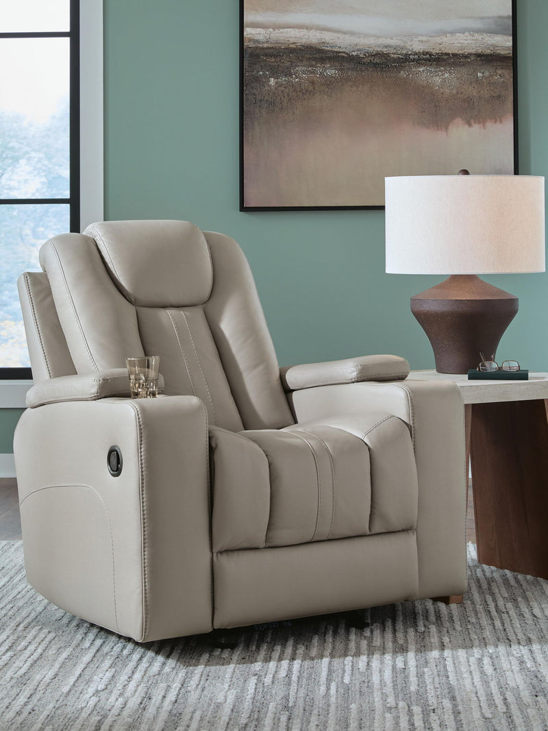 Signature Design by Ashley Elevate Edges Glider Recliner in Coin fabric, showing plush cushioning and smooth gliding mechanism.