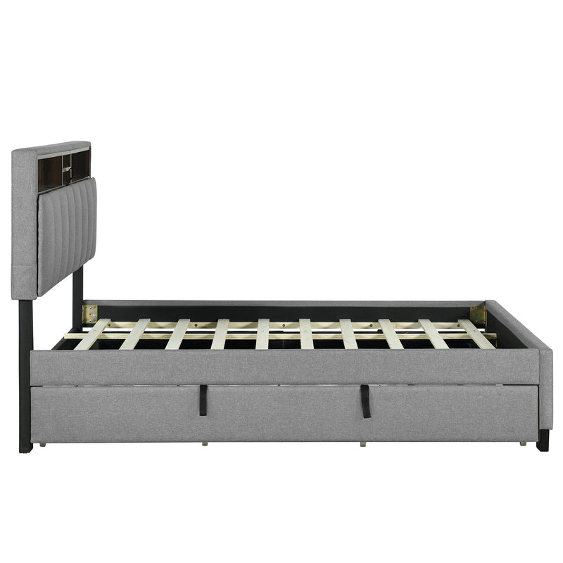 Upholstered Platform Bed With Storage Headboard, Trundle & 2 Drawers And A Set Of Sockets & USB Ports - R&R Furniture Gallery (Fountain Valley, CA)