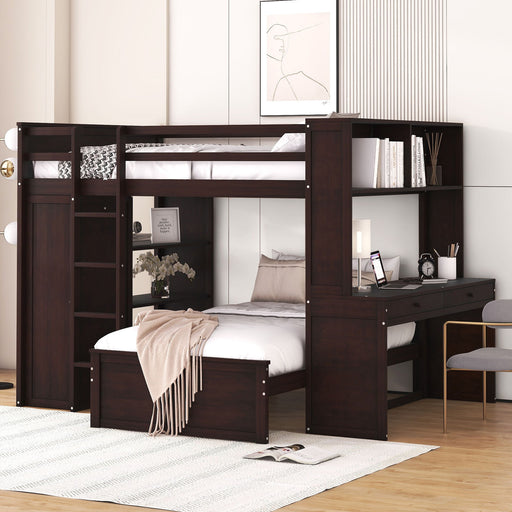 DreamHaus loft bed with twin size standalone bed, shelves, desk, and wardrobe, showcasing a modern multi-functional bedroom setup.