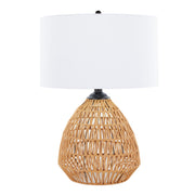 Lumi Source Congo contemporary rattan table lamp with natural finish, matte black accents, and white lampshade on a wooden surface