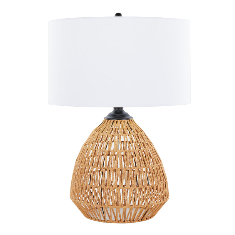Lumi Source Congo contemporary rattan table lamp with natural finish, matte black accents, and white lampshade on a wooden surface