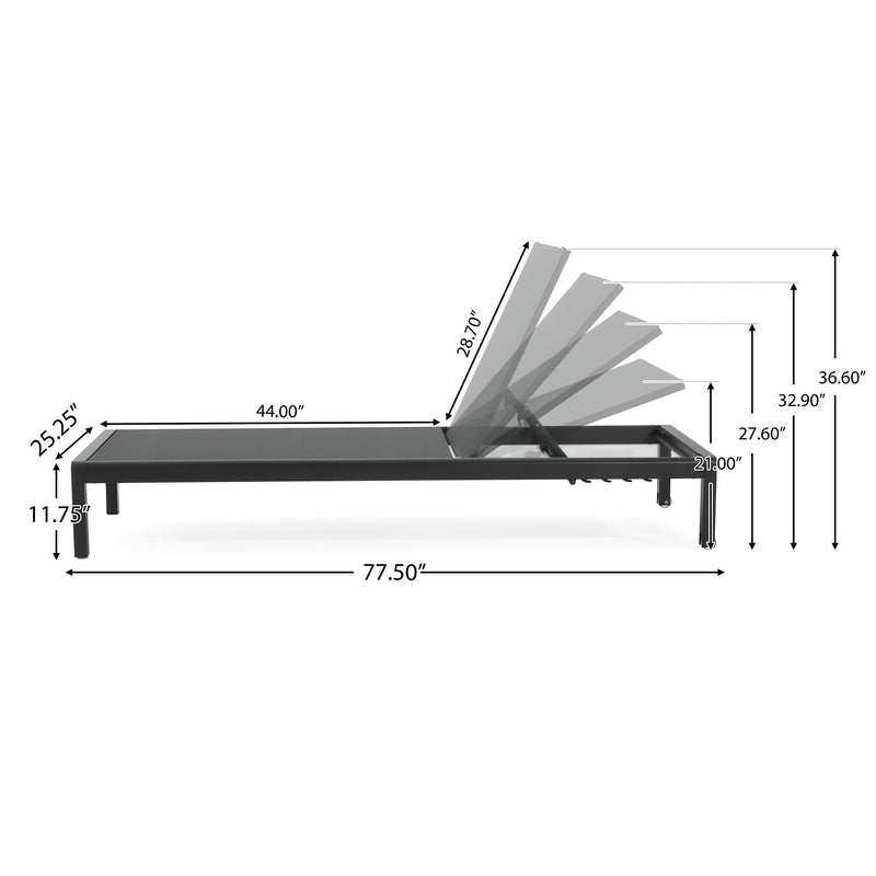 Noble House outdoor patio chaise lounge with five adjustable reclining positions, featuring a cushioned seat and sleek design.