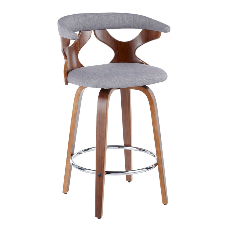Set of two Lumi Source Gardenia mid-century modern counter stools with wooden legs and upholstered seats.