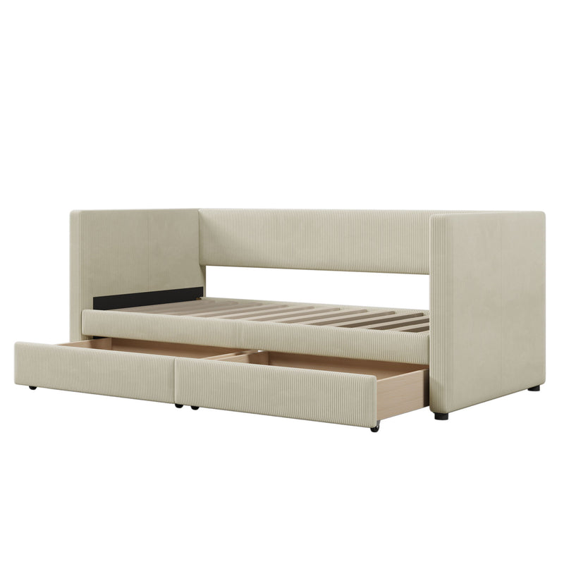 Halcyon Home storage daybed with two drawers and wood slat design, featuring a sturdy frame and practical storage options.