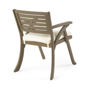 Noble House Helen outdoor acacia wood dining chair set of 2 in gray and creme with slatted seats and armrests.