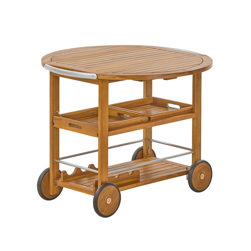 Teak outdoor bar cart with foldable tabletop and removable trays, featuring storage tables for outdoor entertaining.