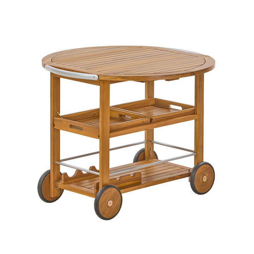 Teak outdoor bar cart with foldable tabletop and removable trays, featuring storage tables for outdoor entertaining.
