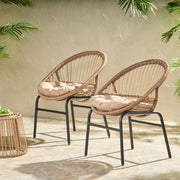 Set of two Noble House outdoor accent chairs with curved backs and basket frames in light brown and beige, perfect for patio decor.