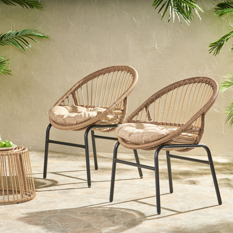 Set of two Noble House outdoor accent chairs with curved backs and basket frames in light brown and beige, perfect for patio decor.