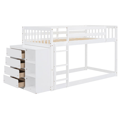 DreamHaus bunk bed with built-in four drawers and three shelves, featuring a sturdy frame and space-saving design for kids' bedrooms.