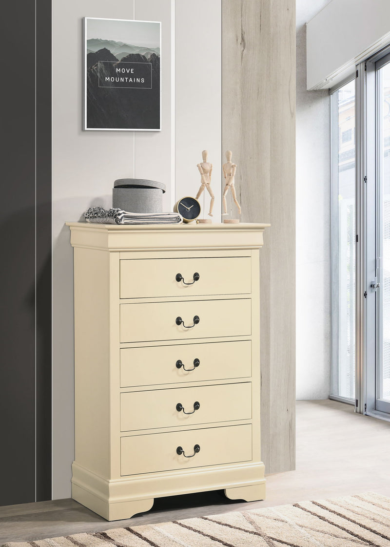 Louis Phillipe accent chest by Glory Furniture featuring elegant wood finish and classic design, front view showing drawers and decorative details.