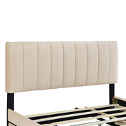 DreamHaus platform upholstered storage bed with two drawers and twin long trundle, featuring soft fabric upholstery and modern design.