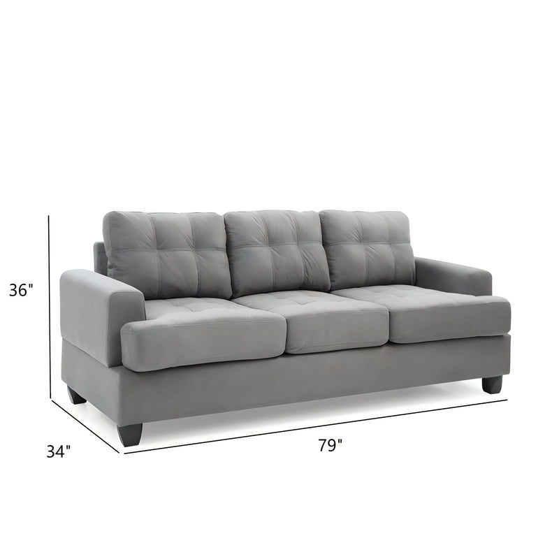 Glory Furniture Sandridge stationary sofa with plush beige upholstery and wide armrests, shown in a modern living room setting.