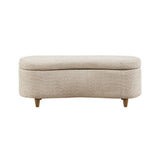 JLA Bailey flip top storage bench in taupe with cushioned lid and wooden legs, ideal for living room or entryway storage.