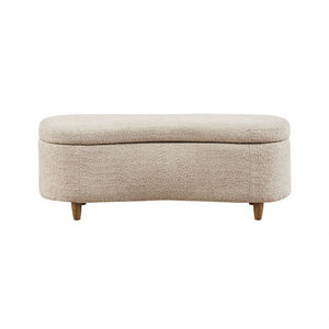 JLA Bailey flip top storage bench in taupe with cushioned lid and wooden legs, ideal for living room or entryway storage.