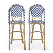 Outdoor Rattan French Barstool Set,, Bamboo, Seat Height - Navy Blue / White - R&R Furniture Gallery (Fountain Valley, CA)
