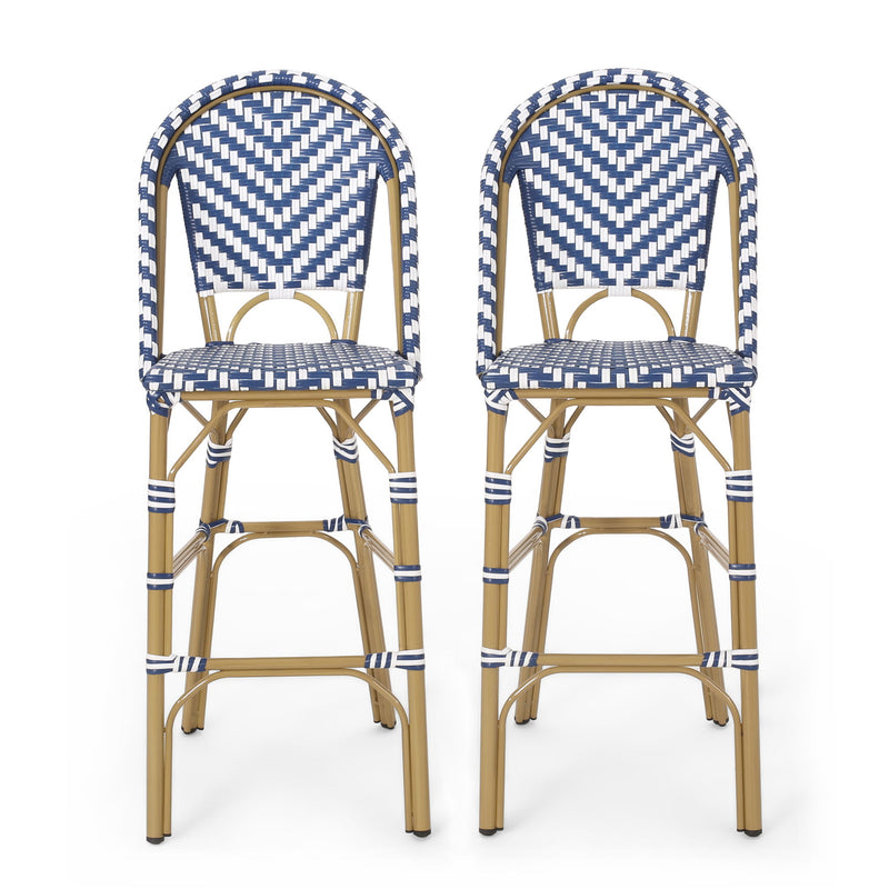 Outdoor Rattan French Barstool Set,, Bamboo, Seat Height - Navy Blue / White - R&R Furniture Gallery (Fountain Valley, CA)