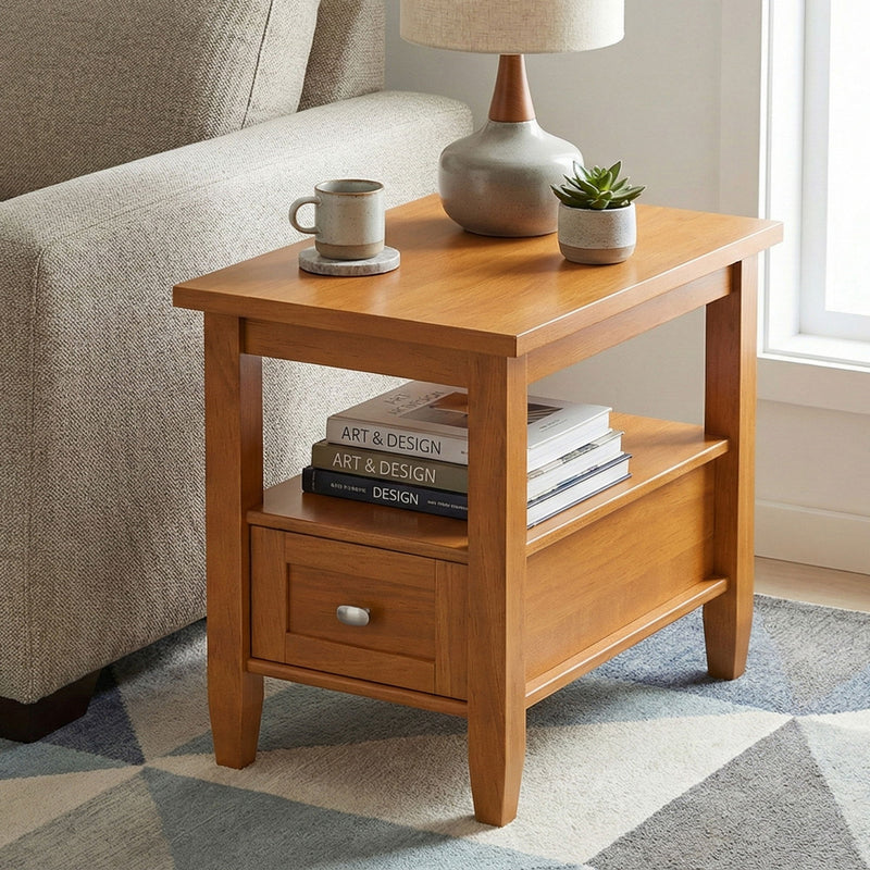 Handcrafted Warm Shaker coffee table by Simpli-Home featuring a sleek wooden surface and sturdy legs, ideal for living room decor.