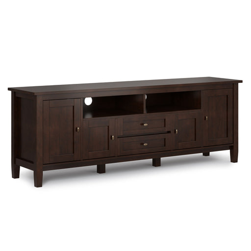 Handcrafted Warm Shaker TV media stand by Simpli-Home with wood finish, featuring open shelves and storage cabinets for media devices.
