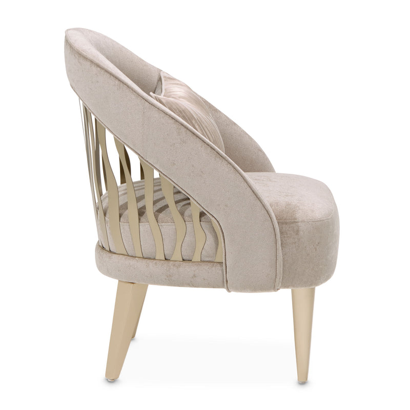 Michael Amini La Rachelle Flame Chair, stylish accent chair with ornate design and plush upholstery, showcasing intricate details.