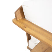 Pair of Noble House outdoor acacia wood club chairs with beige cushions, perfect for patio or garden seating.