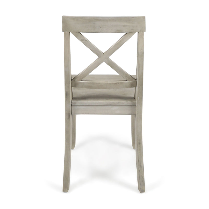Set of two Noble House Plethora dining chairs with X-shaped back design, featuring wooden legs and cushioned seats.