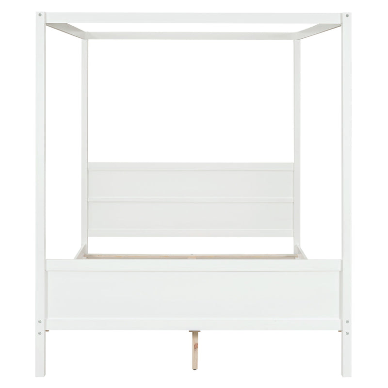 DreamHaus canopy platform bed with headboard, footboard, and slat support legs, featuring a sturdy wooden frame.