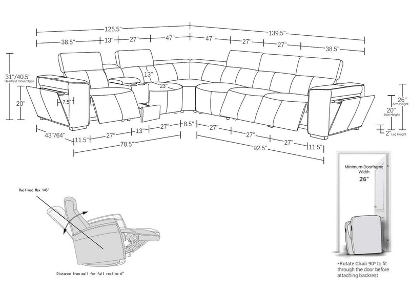 1224 - 7-Piece L-Shaped Sectional Sofa In With 3 Power Recliners & Power Headrests