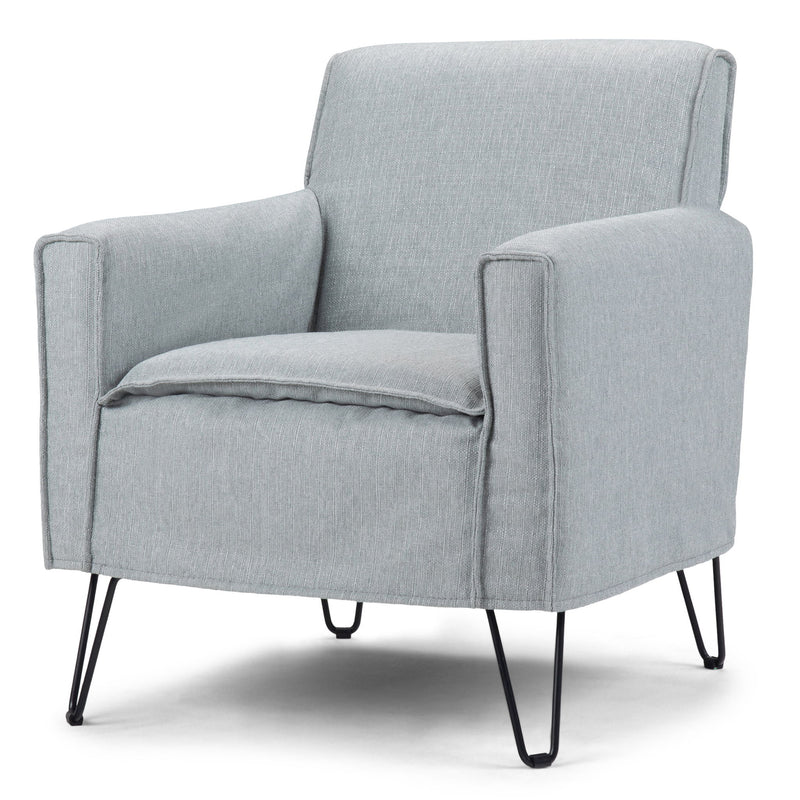 Simpli-Home Warren accent chair with sleek hairpin metal legs and plush fabric upholstery, modern and stylish for living room decor.