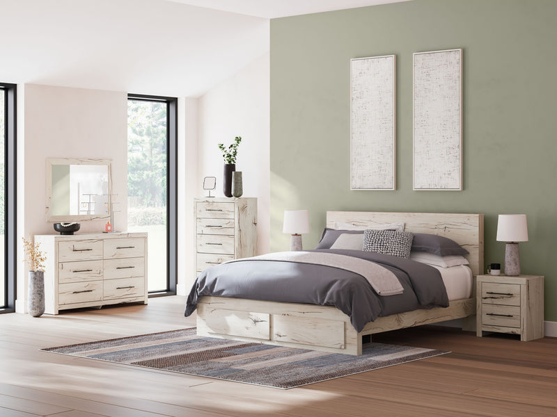Signature Design by Ashley Lawroy panel bed with built-in storage drawers in a modern bedroom setting.