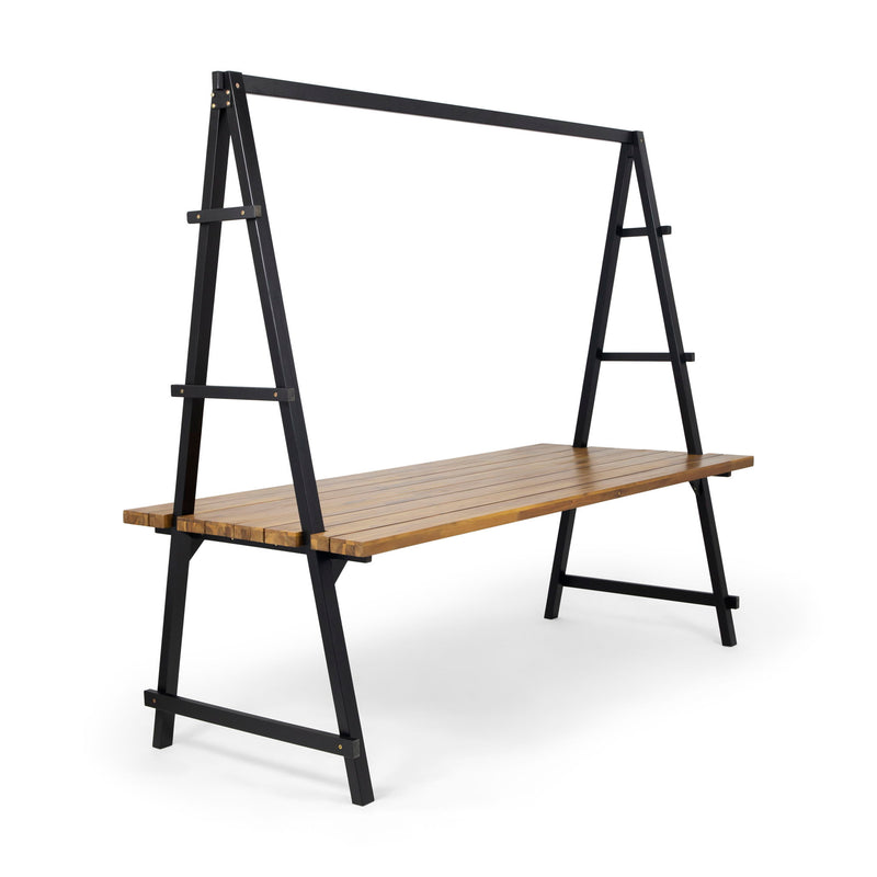 Noble House Huckleberry outdoor dining table in teak wood with built-in plant hanger, designed for outdoor use and entertaining.