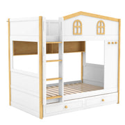 Dreamland twin over twin bunk bed with house-shaped guardrails, storage shelves, and drawers in white and natural wood finish.
