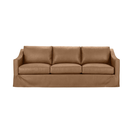 Classic Home Kipton upholstered stationary sofa with plush fabric and cushioned armrests, showcased in a cozy living room setting.