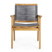 Noble House outdoor rope dining chair set with two stylish weather-resistant chairs featuring woven rope seats and armrests.