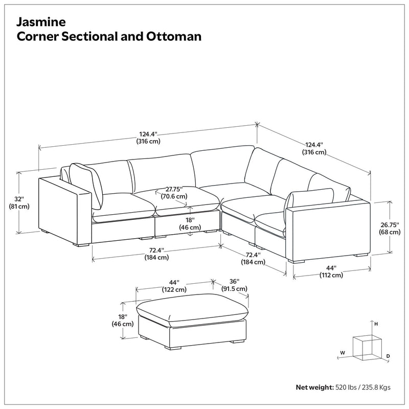 Handcrafted Jasmine sofa and ottoman set from Simpli-Home, 2-piece living room set with beige upholstery and wooden legs.