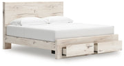 Signature Design by Ashley Lawroy panel storage bed with built-in drawers and modern wood finish visible in the image.