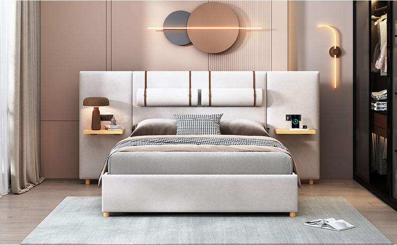 Upholstered Platform Bed, 2 Outlets And USB Charging Ports On Both Sides, 2 Bedside Pillows, Storage Shelves - R&R Furniture Gallery (Fountain Valley, CA)